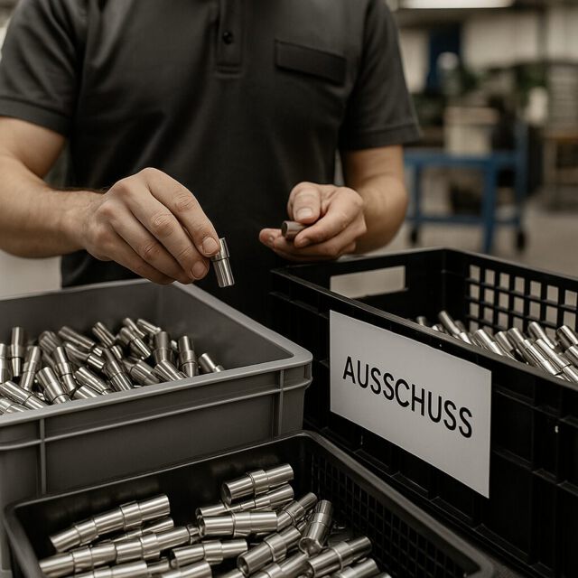 Mitarbeiter sortiert Metallteile; fehlerhafte Teile werden in einer Ausschuss-Box gesammelt.