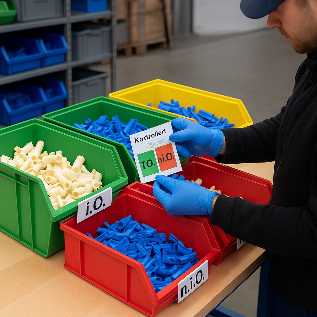 Mitarbeiter sortiert Kunststoffteile in verschiedene Boxen, grüne Box „i.O.“ und rote Box „n.i.O.“ mit Kontrollkarte.
