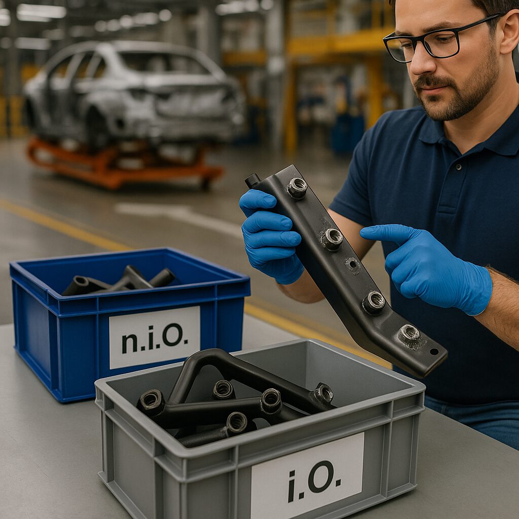 Mitarbeiter prüft Automobilbauteil im Rahmen der Qualitätssicherung, i.O. und n.i.O. Kennzeichnung