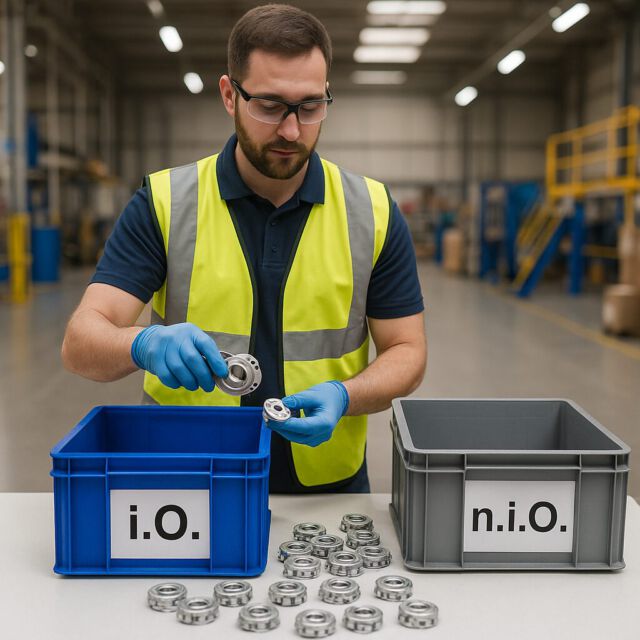 Mitarbeiter führt Qualitätsprüfung durch und sortiert Bauteile in i.O. und n.i.O. Boxen