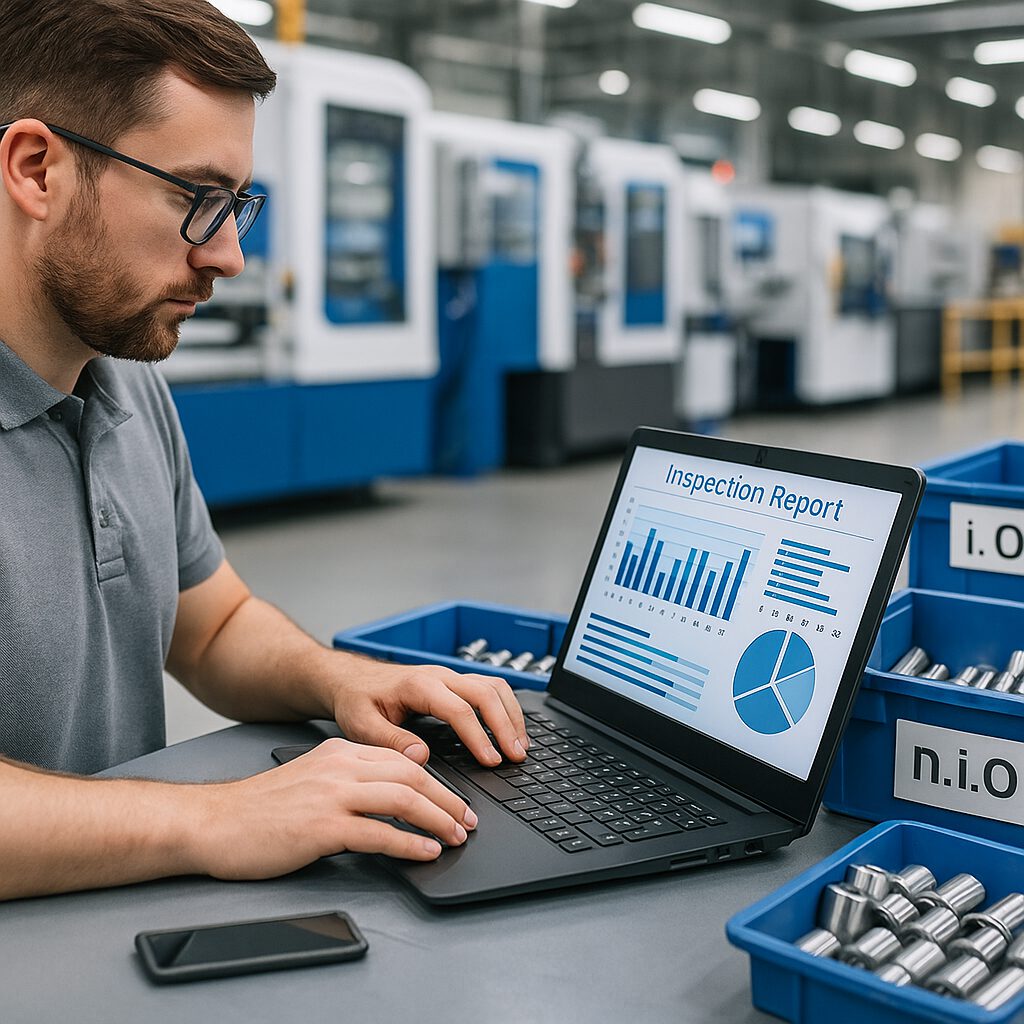 Mitarbeiter führt Qualitätskontrolle durch und dokumentiert Prüfergebnisse am Laptop