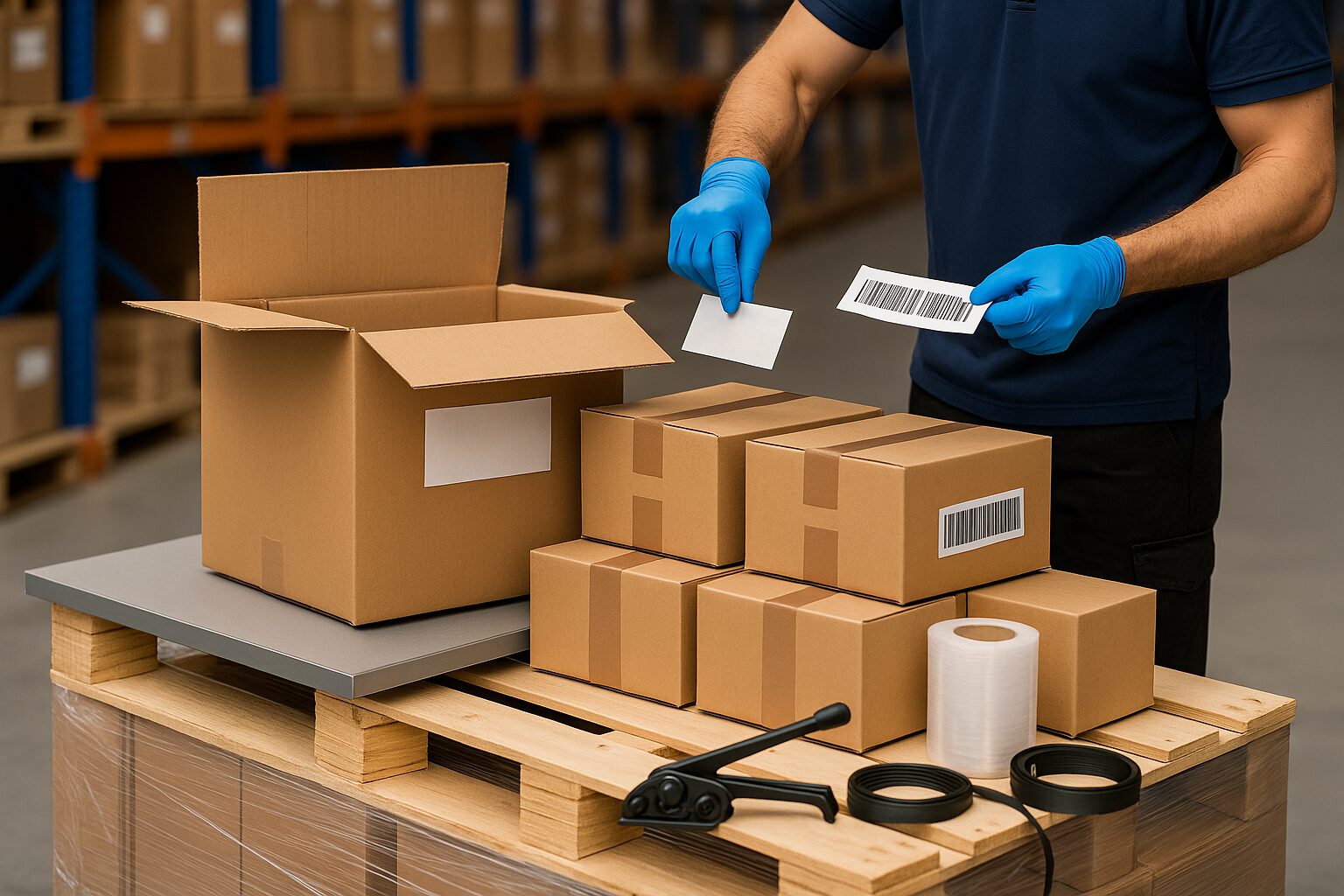 Mitarbeiter beim Umlabeln und Verpacken von Produkten auf Palette