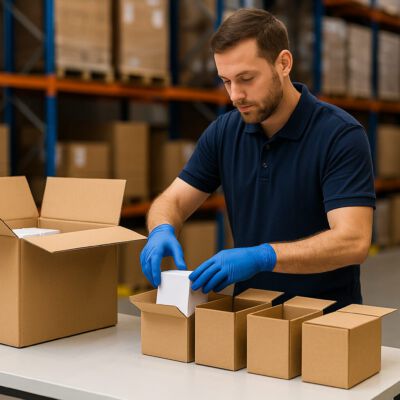 Mitarbeiter führt Verpackungsarbeiten durch – Kartons verpacken für Unternehmen | Quatrol Plus GmbH