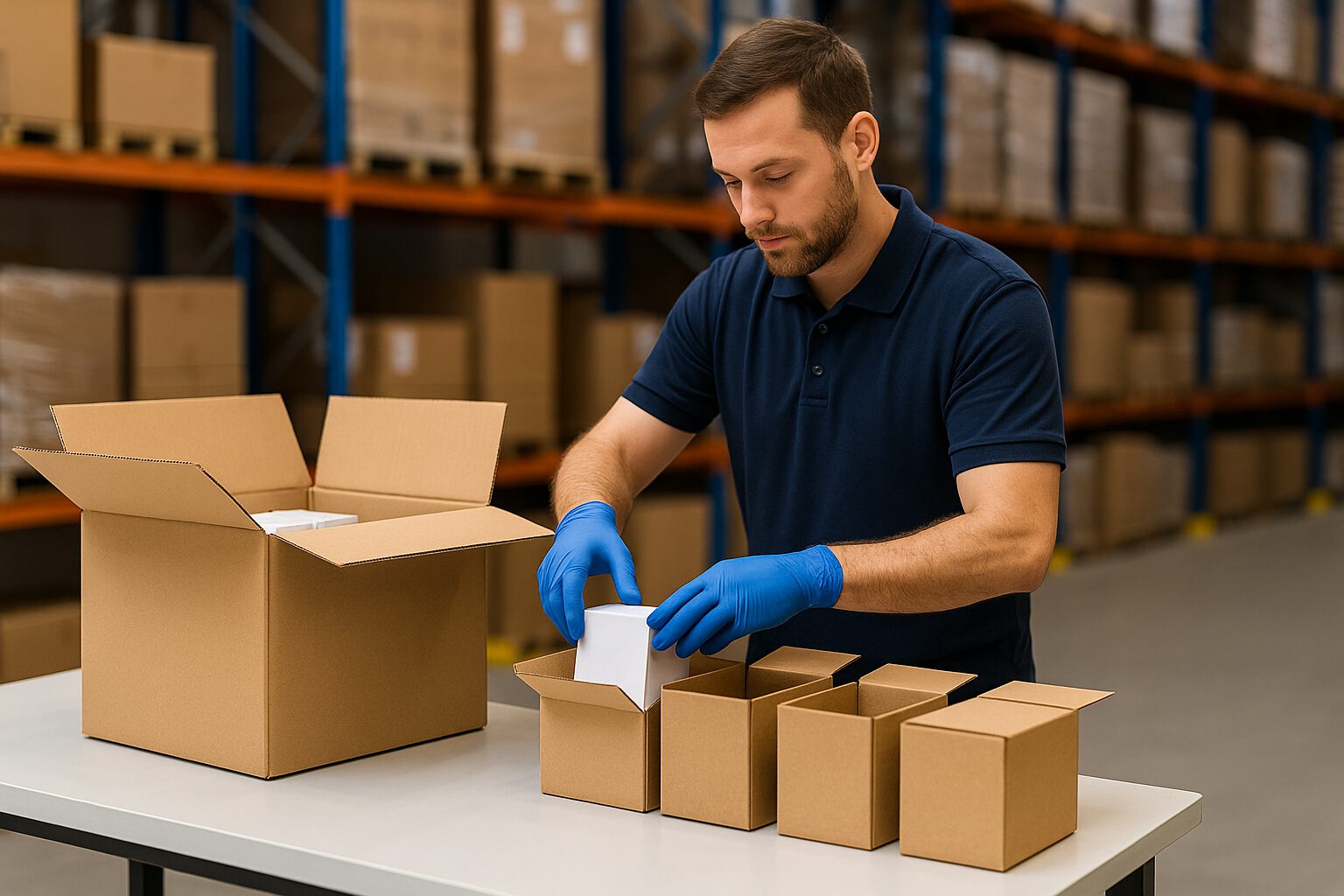 Mitarbeiter führt Verpackungsarbeiten durch – Kartons verpacken für Unternehmen | Quatrol Plus GmbH